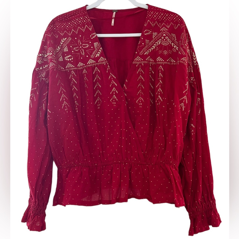 Free People Counting Stars Peasant Blouse Red Size Medium